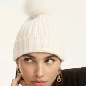 J. Crew Wool Blend Ribbed Pom Pom Beanie in Ivory - NEW - One Size